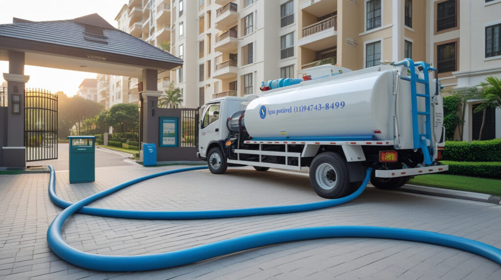 caminhão pipa abastecendo condomínio residencial